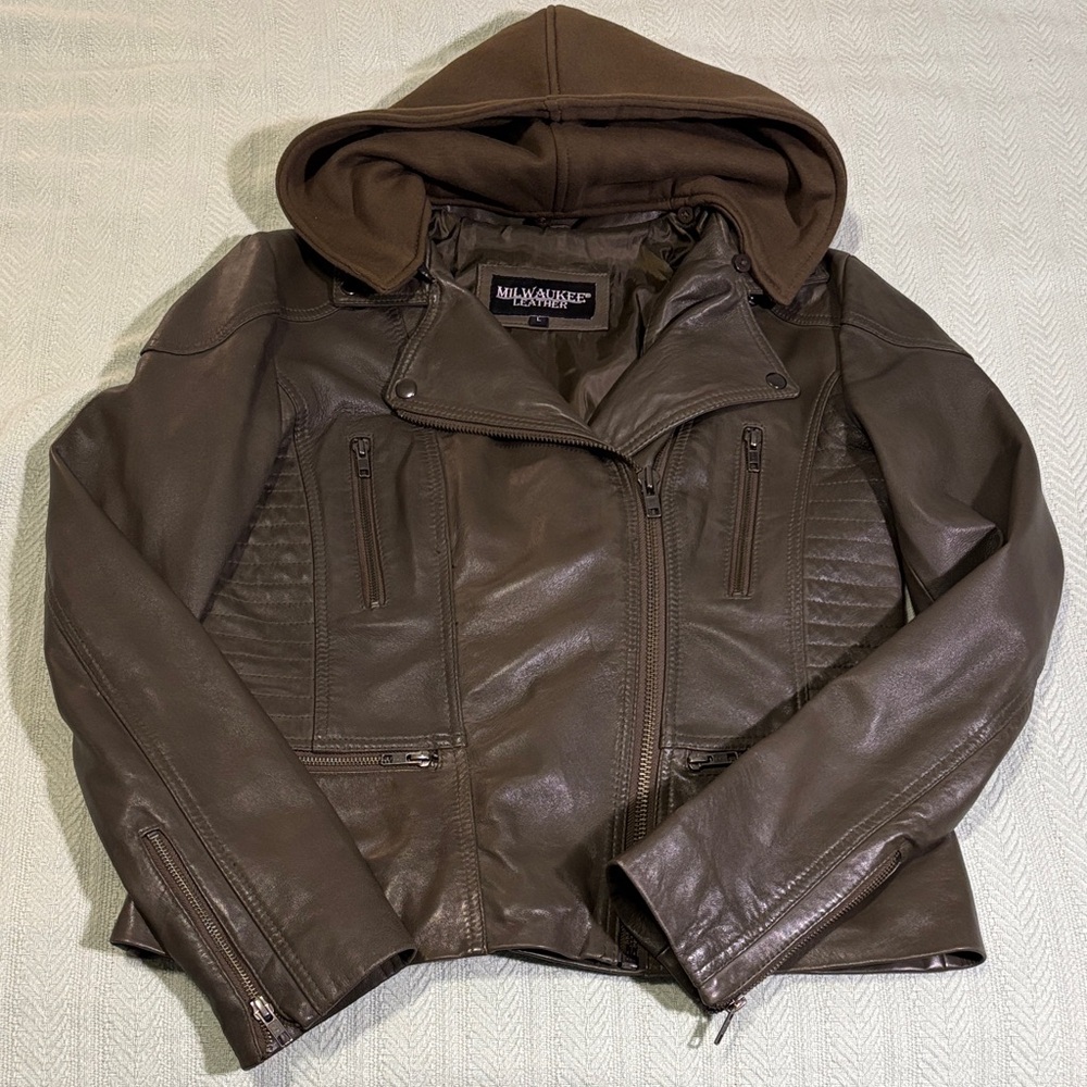 Women's Olive Green Leather Jacket with Detachable  Hood